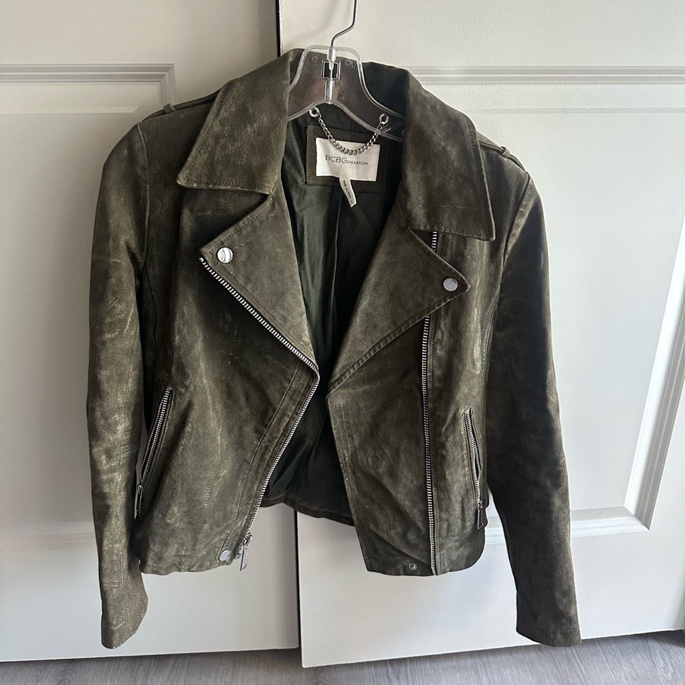 BCBGeneration Size Small Olive Green Leather Biker Jacket with Silver Accents